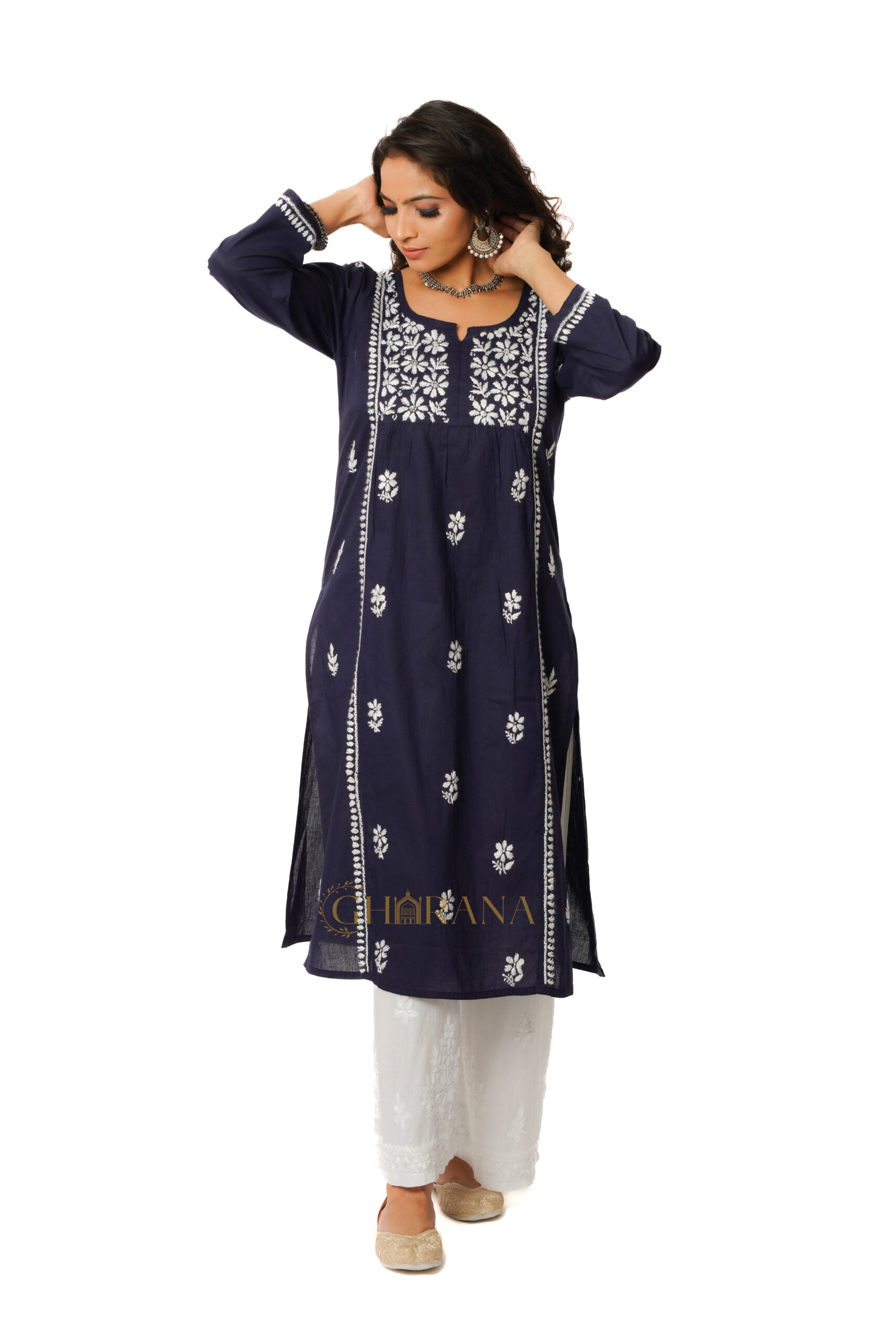 Lavanya Chikankari Cotton Naira cut Kurta - Royal Blue Gharana