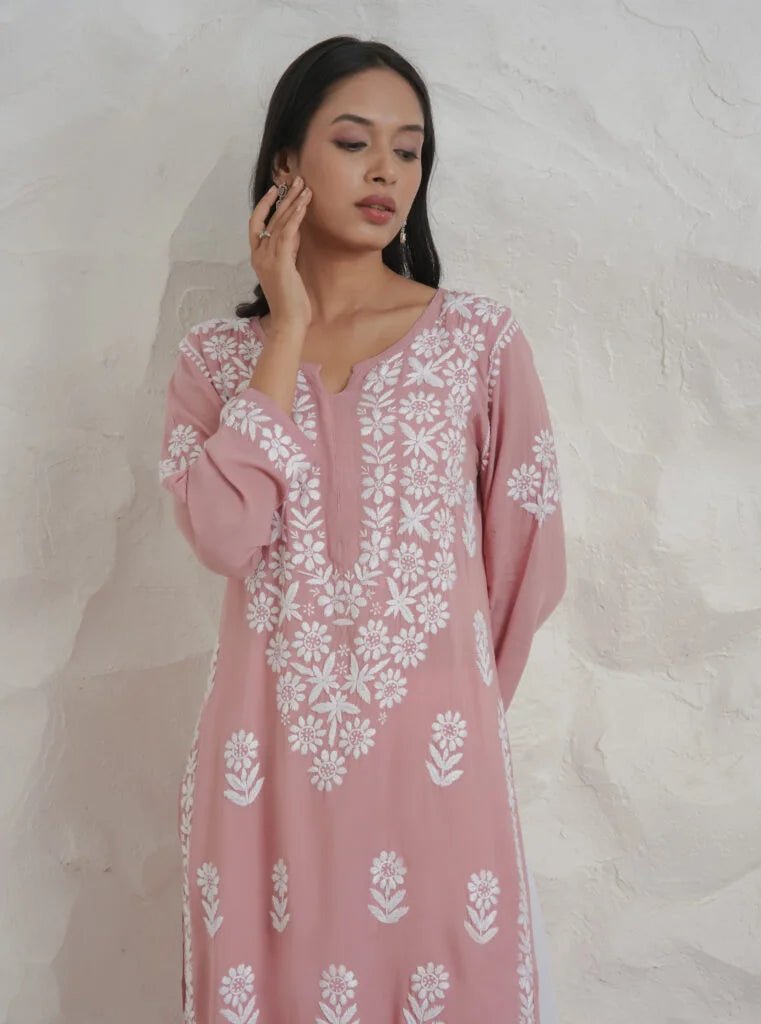 Stylist Myra Modal fine cotton Onion Pink chikan kari Kurta – Gharana India