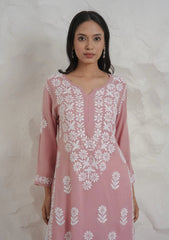 Stylish Myra Modal fine cotton Onion Pink chikan kari Kurta – Gharana India
