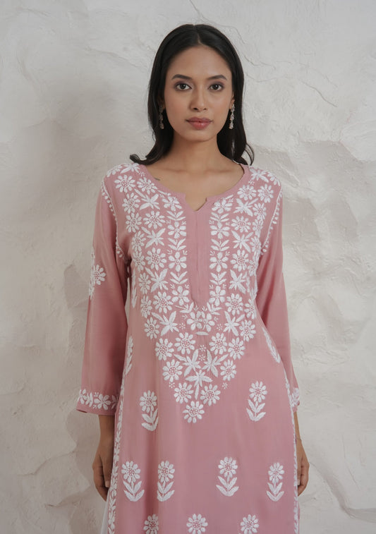 Myra Modal fine cotton chikan kari Kurta – Onion Pink