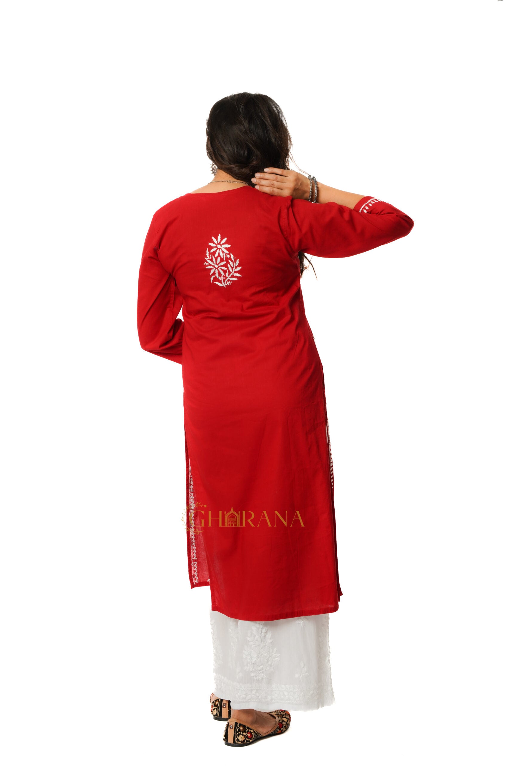 Lavanya Chikankari Cotton Naira cut Kurta - Red Gharana