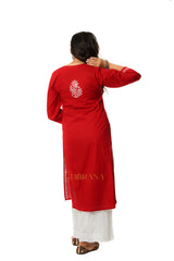 Lavanya Chikankari Cotton Naira cut Kurta - Red Gharana