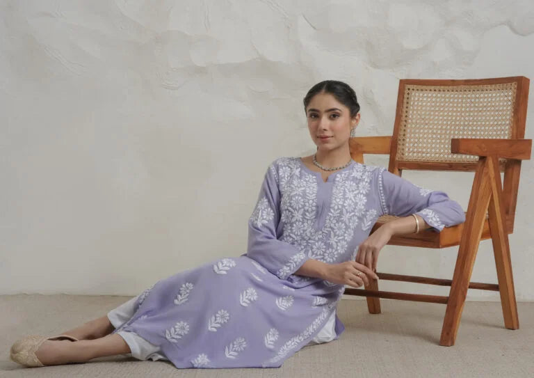 Myra Modal fine cotton Chikankari kari Kurta – Lavender Gharana