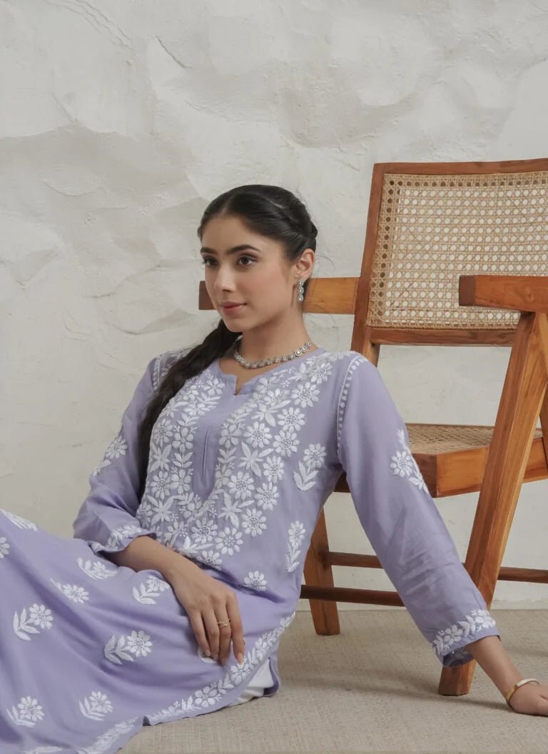 Stylist Myra Modal fine Lavender cotton Chikankari Kurta – Gharana India
