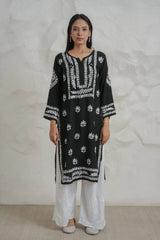 Myra Modal fine cotton chikan kari Kurta – Black Gharana