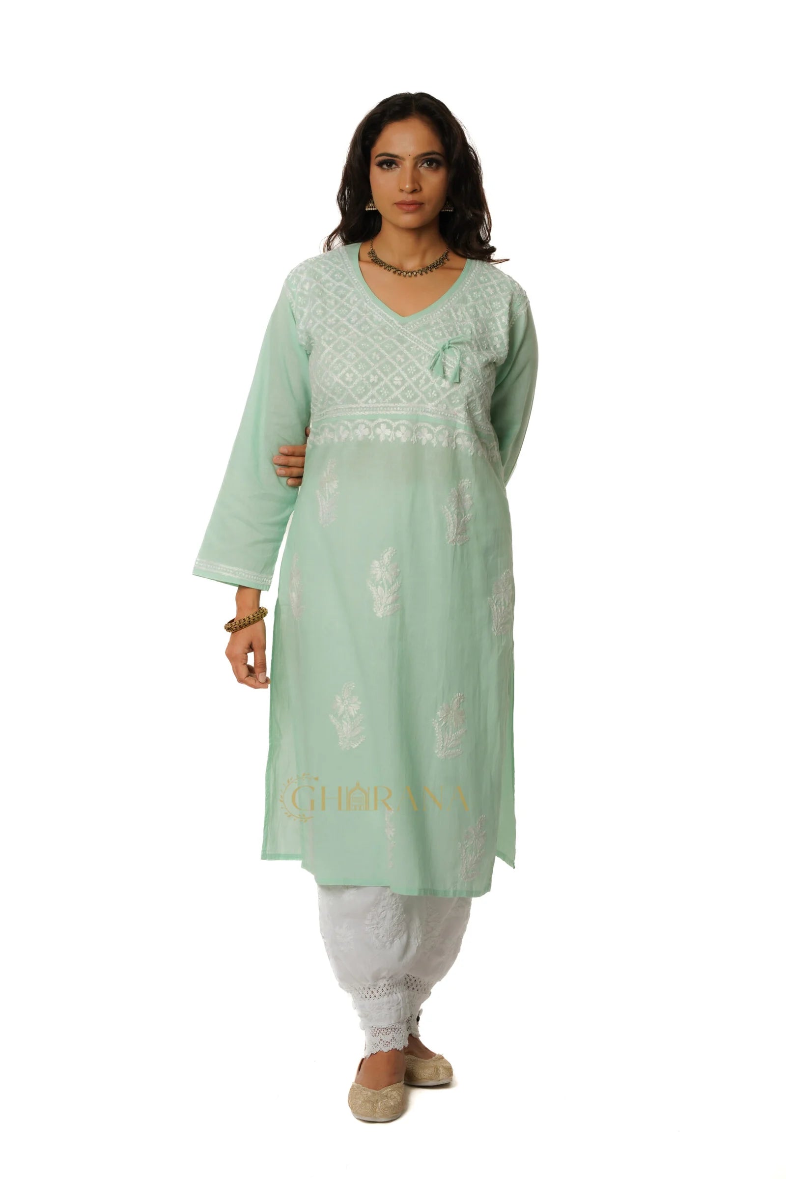 Meenakshi Chikankari Cotton Angrakha Style Kurta – Light Green Gharana