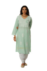 Chikankari Cotton Angrakha Style Kurta – Light Green Gharana