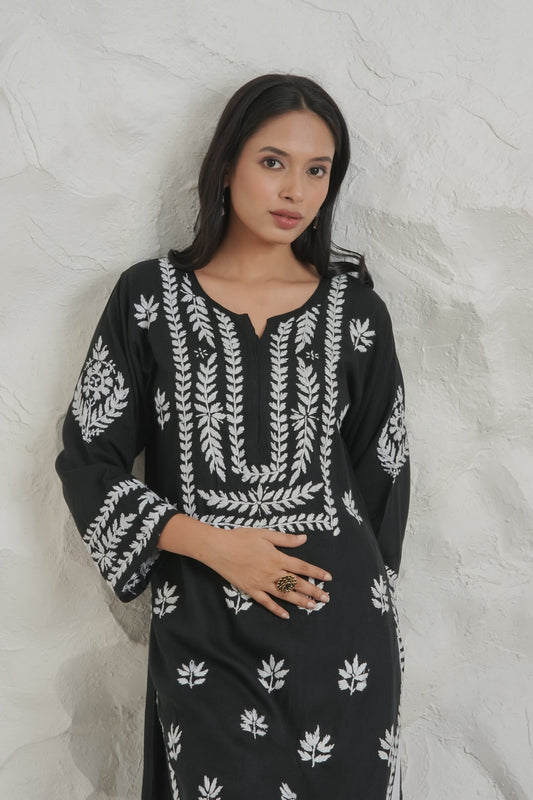 Myra Modal fine cotton chikan kari Kurta – Black