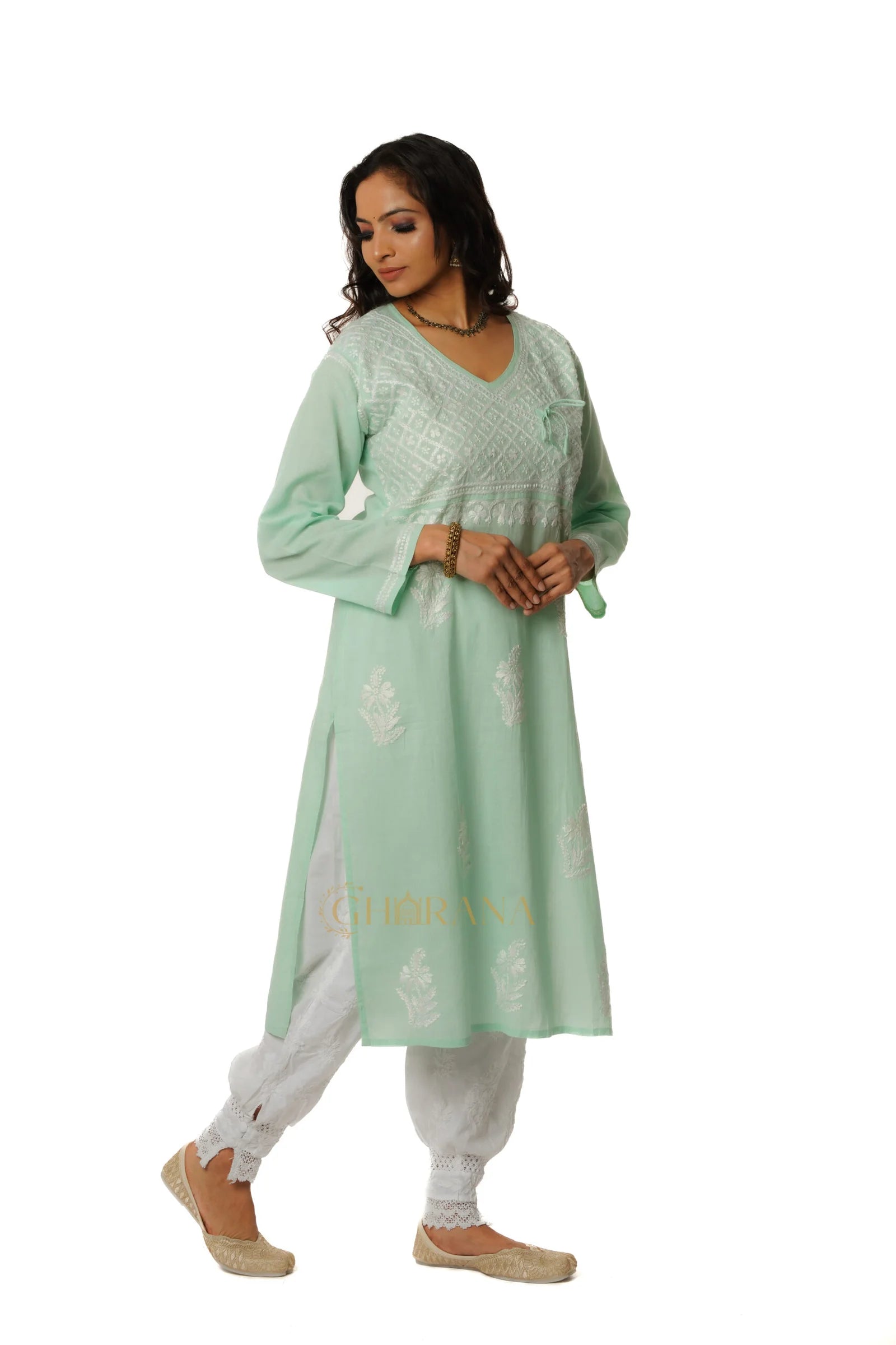 Meenakshi Chikankari Cotton Angrakha Style Kurta – Light Green Gharana
