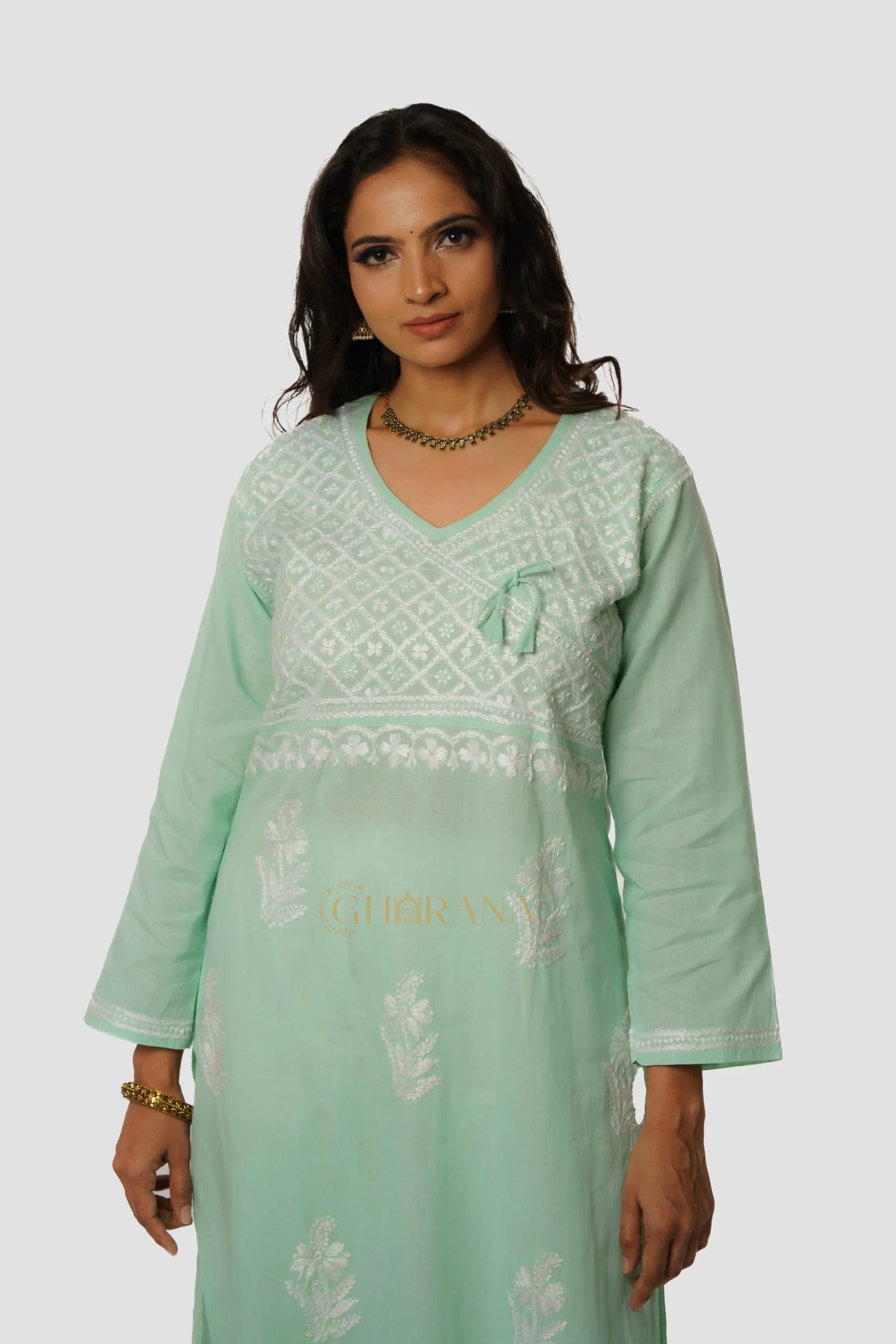 Meenakshi Chikankari Cotton Angrakha Style Kurta – Light Green Gharana