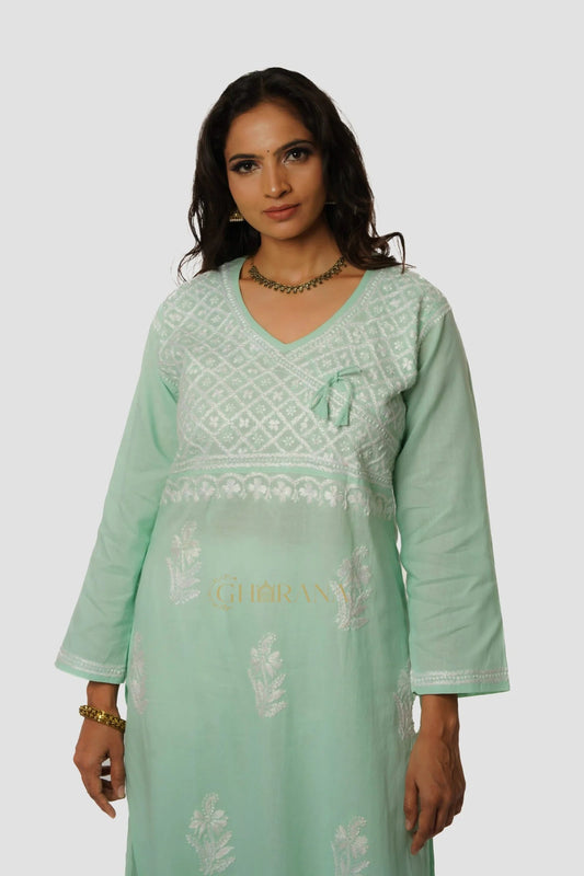 Meenakshi Chikankari Cotton Angrakha Style Kurta – Light Green Gharana