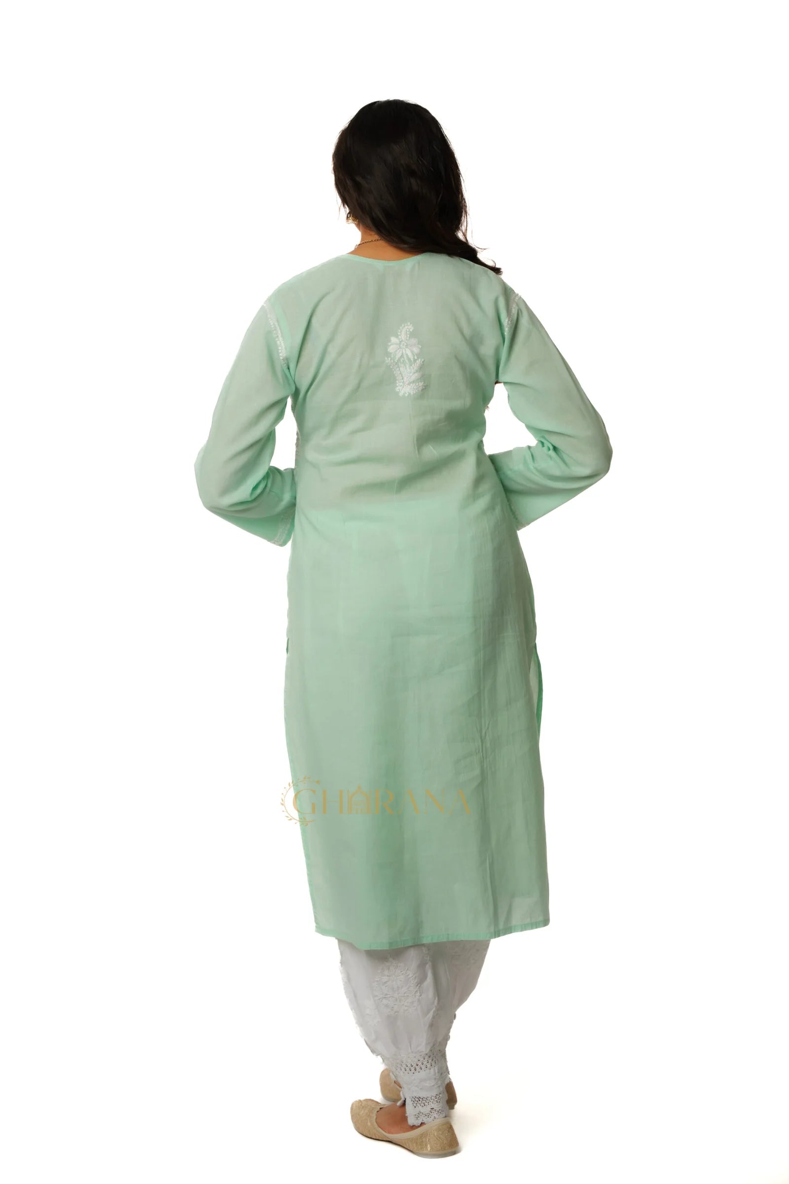 Meenakshi Chikankari Cotton Angrakha Style Kurta – Light Green Gharana
