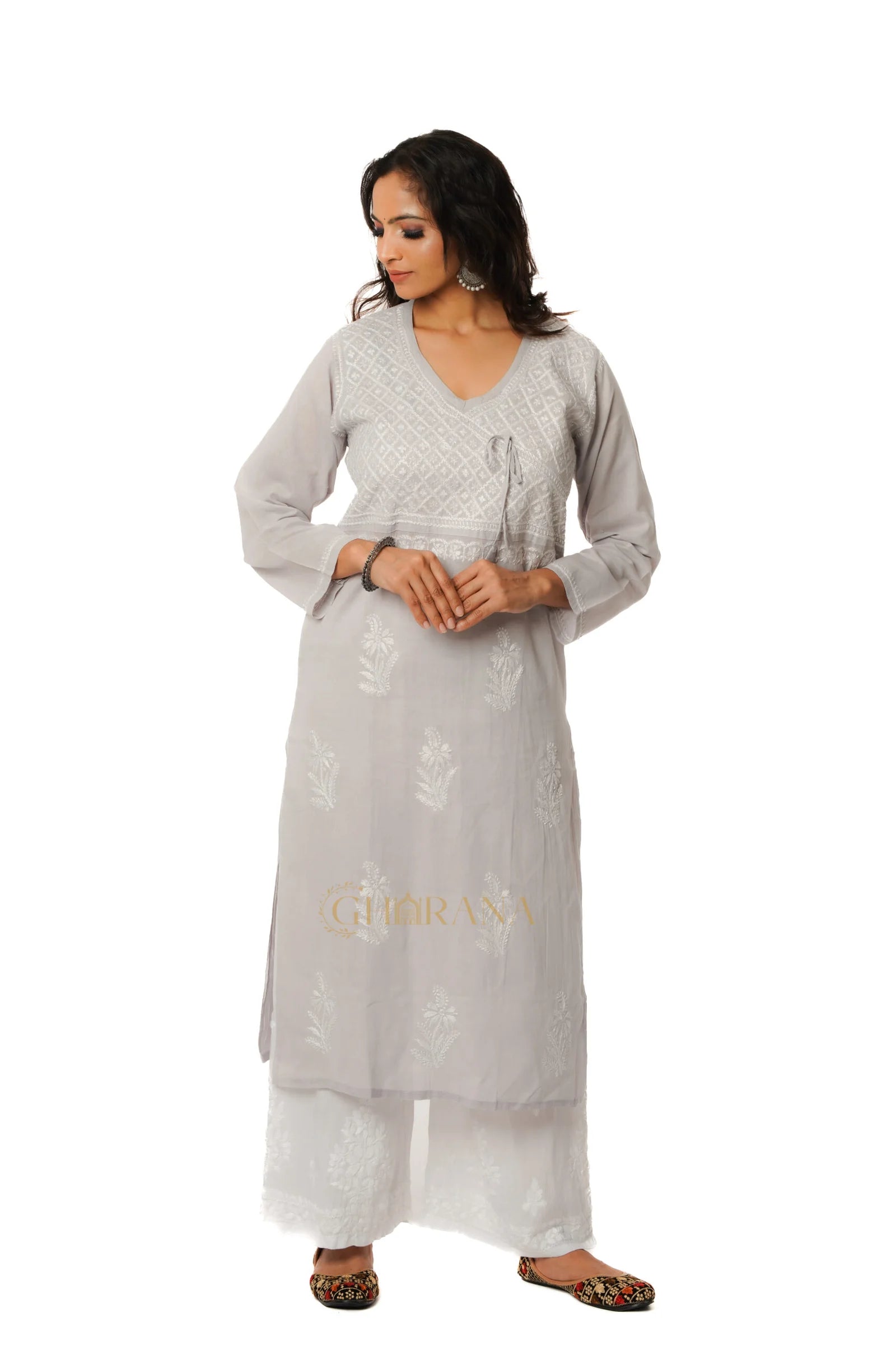 Meenakshi Chikankari Cotton Angrakha Style Kurta Gharana