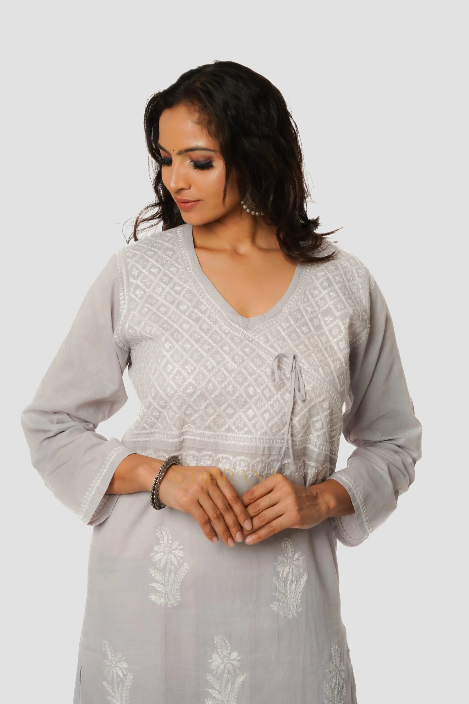 Chikankari Cotton Angrakha Style Kurta Gharana