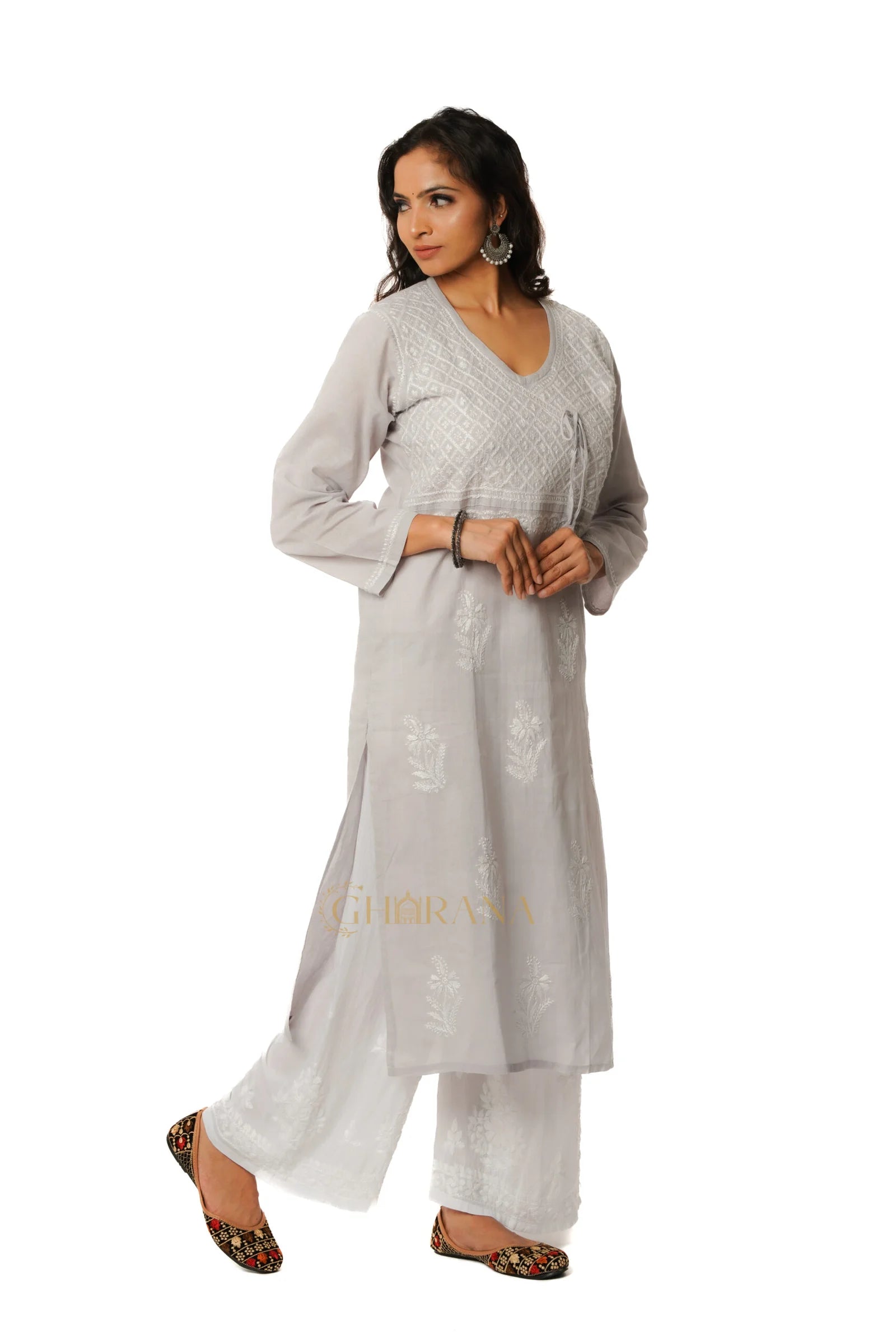Chikankari Cotton Angrakha Style Kurta Gharana