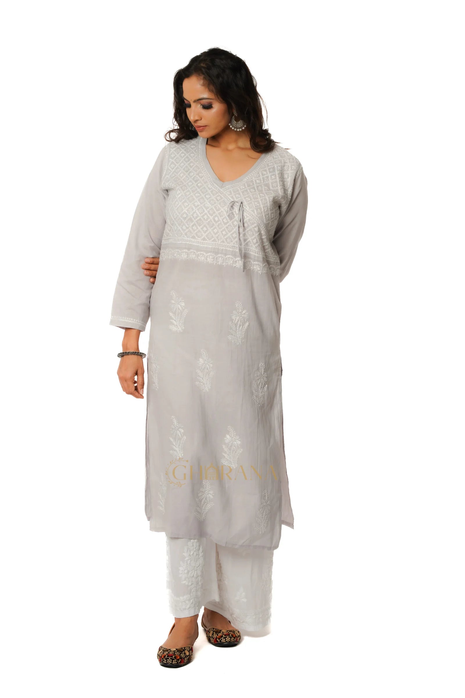 Meenakshi Chikankari Cotton Angrakha Style Kurta Gharana