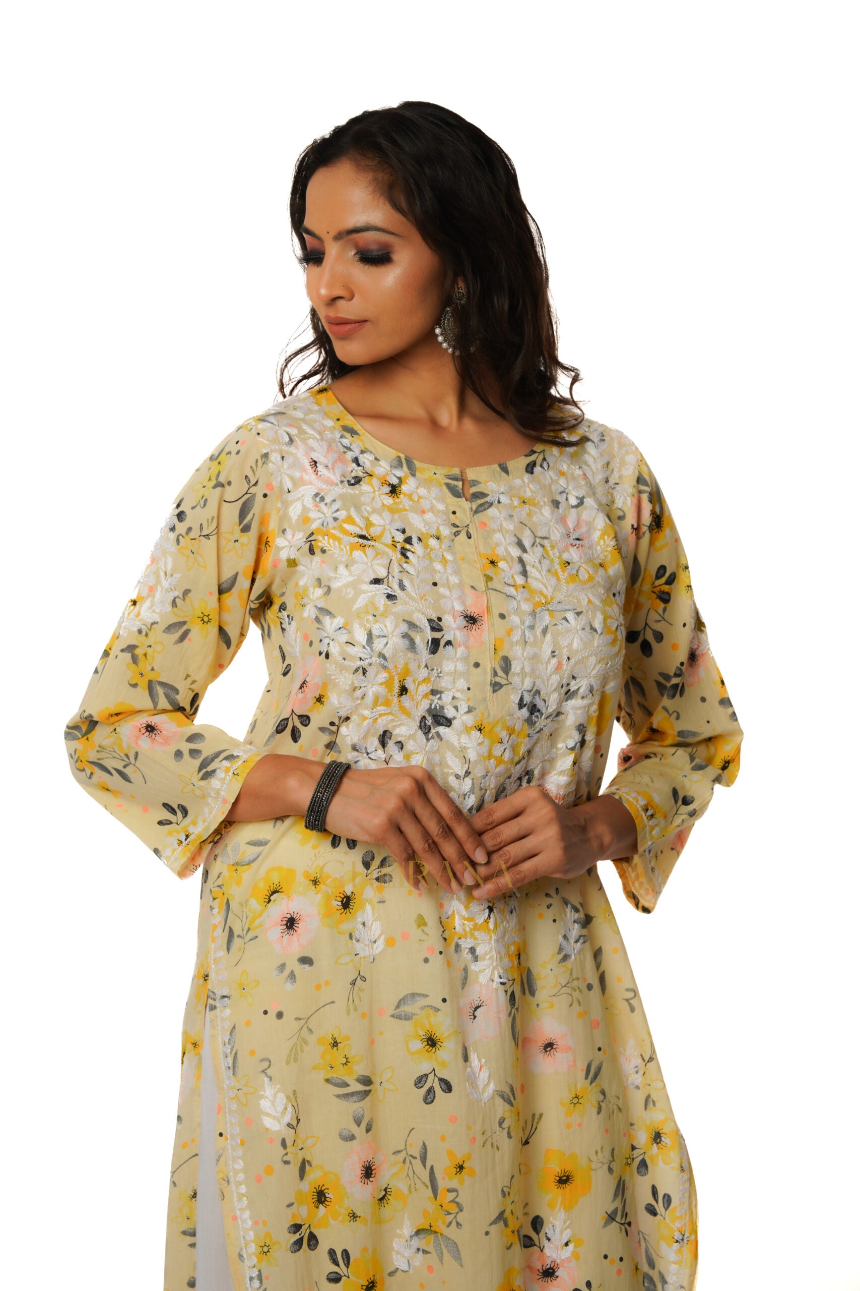 Eesha Chikankari Mulmul Printed Kurta - Off-white, Yellow & Pink Gharana