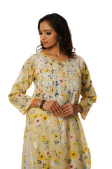 Eesha Chikankari Mulmul Printed Kurta - Off-white, Yellow & Pink Gharana