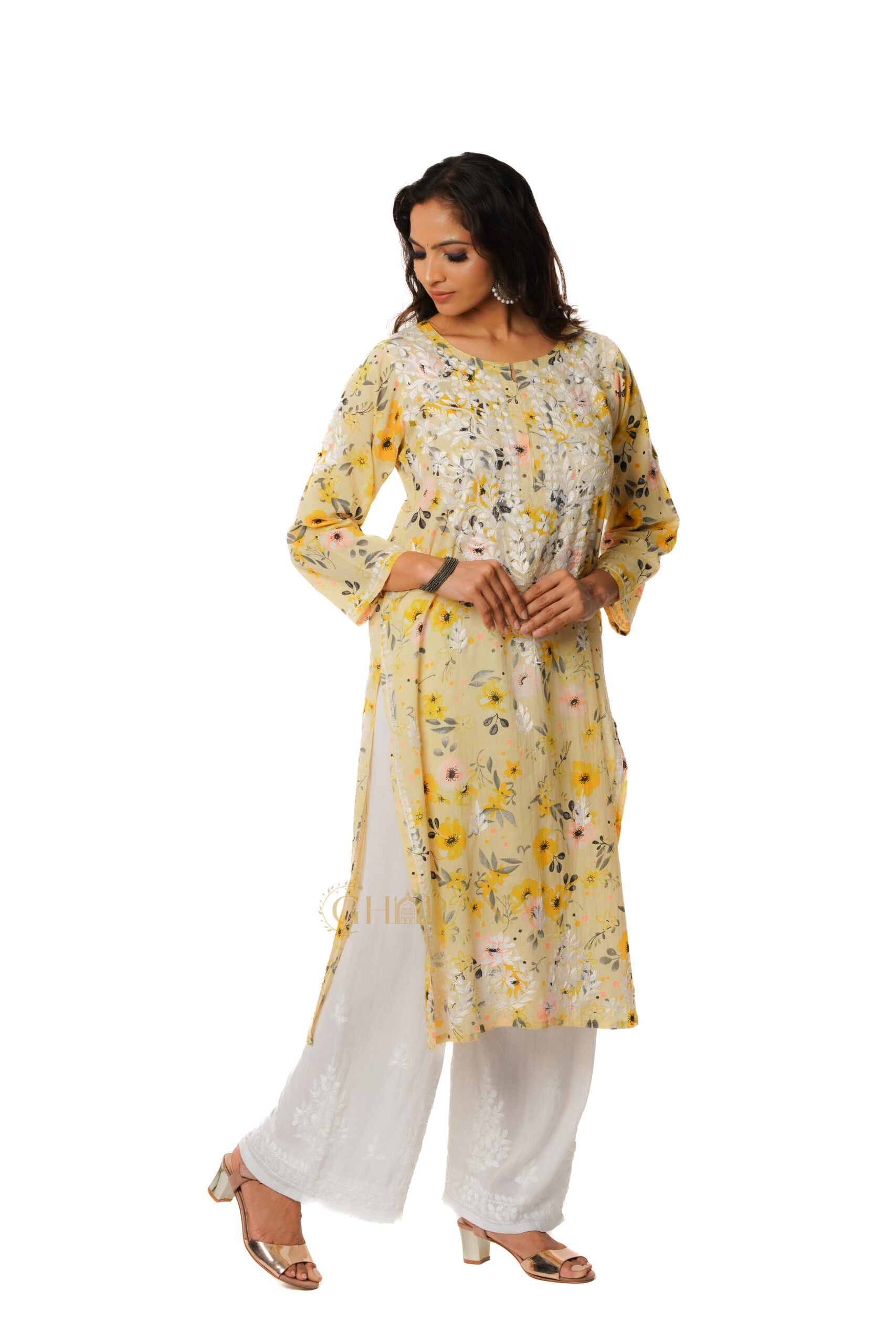 Eesha Chikankari Mulmul Printed Kurta - Off-white, Yellow & Pink Gharana