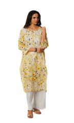 Eesha Chikankari Mulmul Printed Kurta - Off-white, Yellow & Pink Gharana