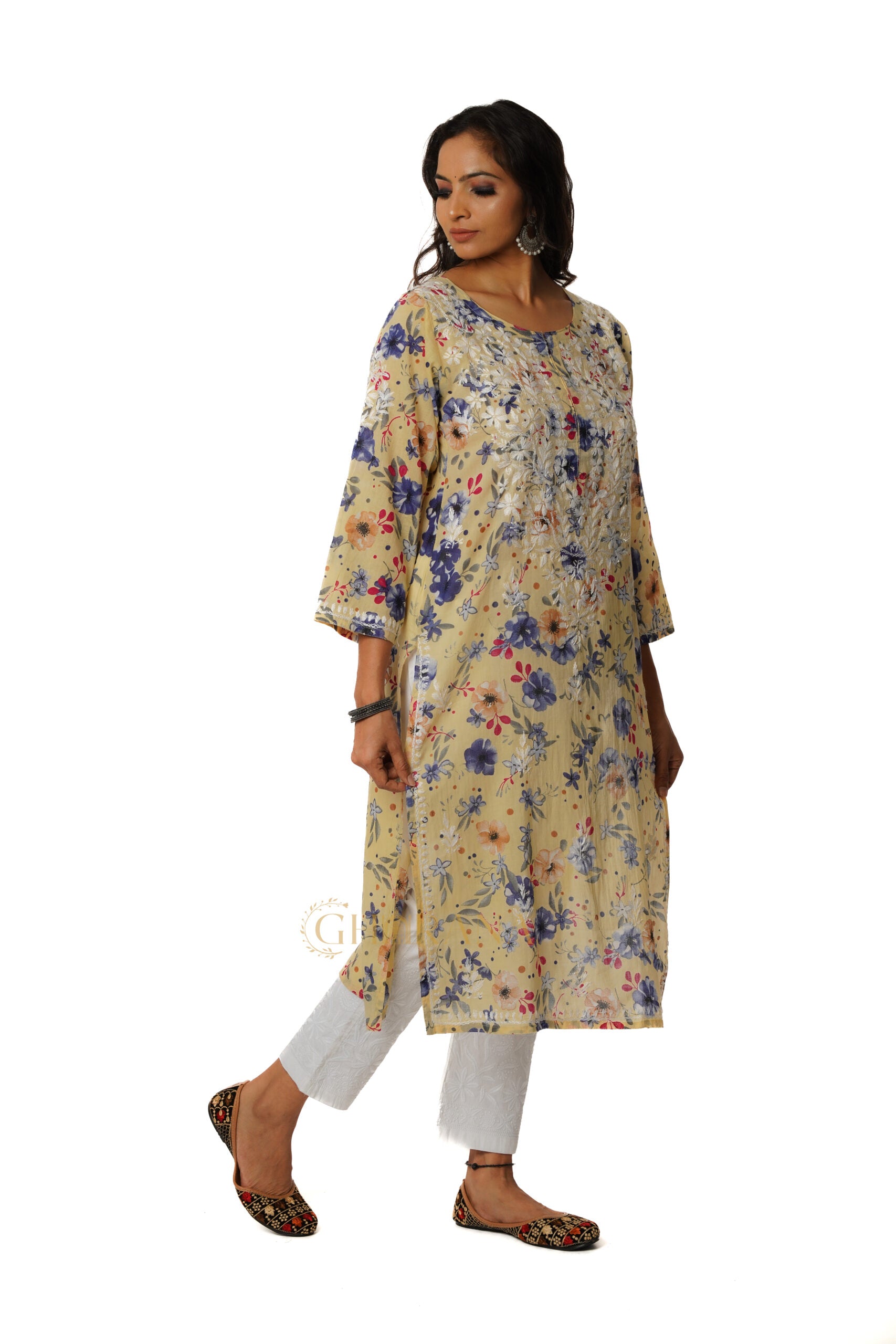 Eesha Chikankari Mulmul Printed Kurta - Off-white, Blue & Maroon Gharana