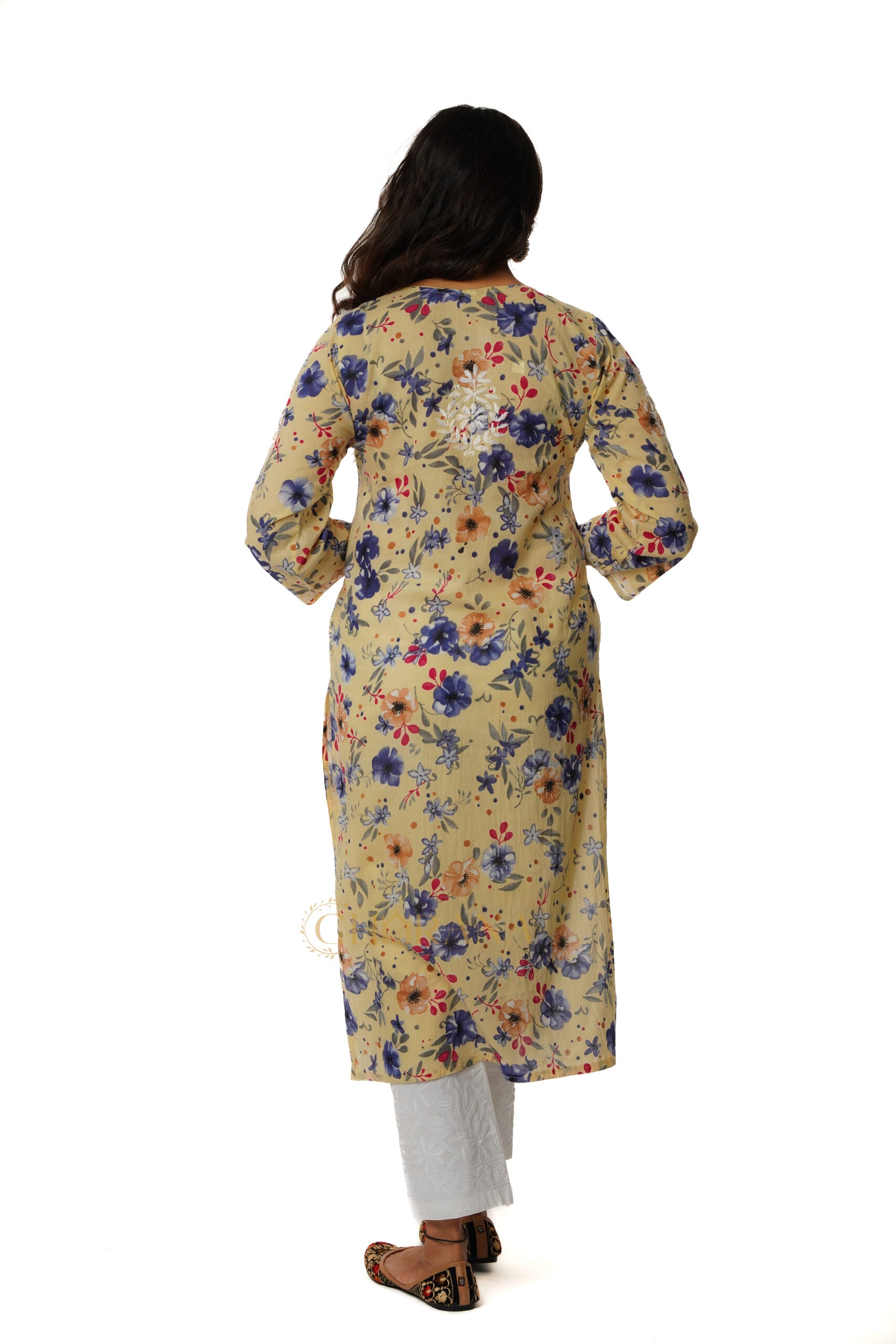 Eesha Chikankari Mulmul Printed Kurta - Off-white, Blue & Maroon Gharana