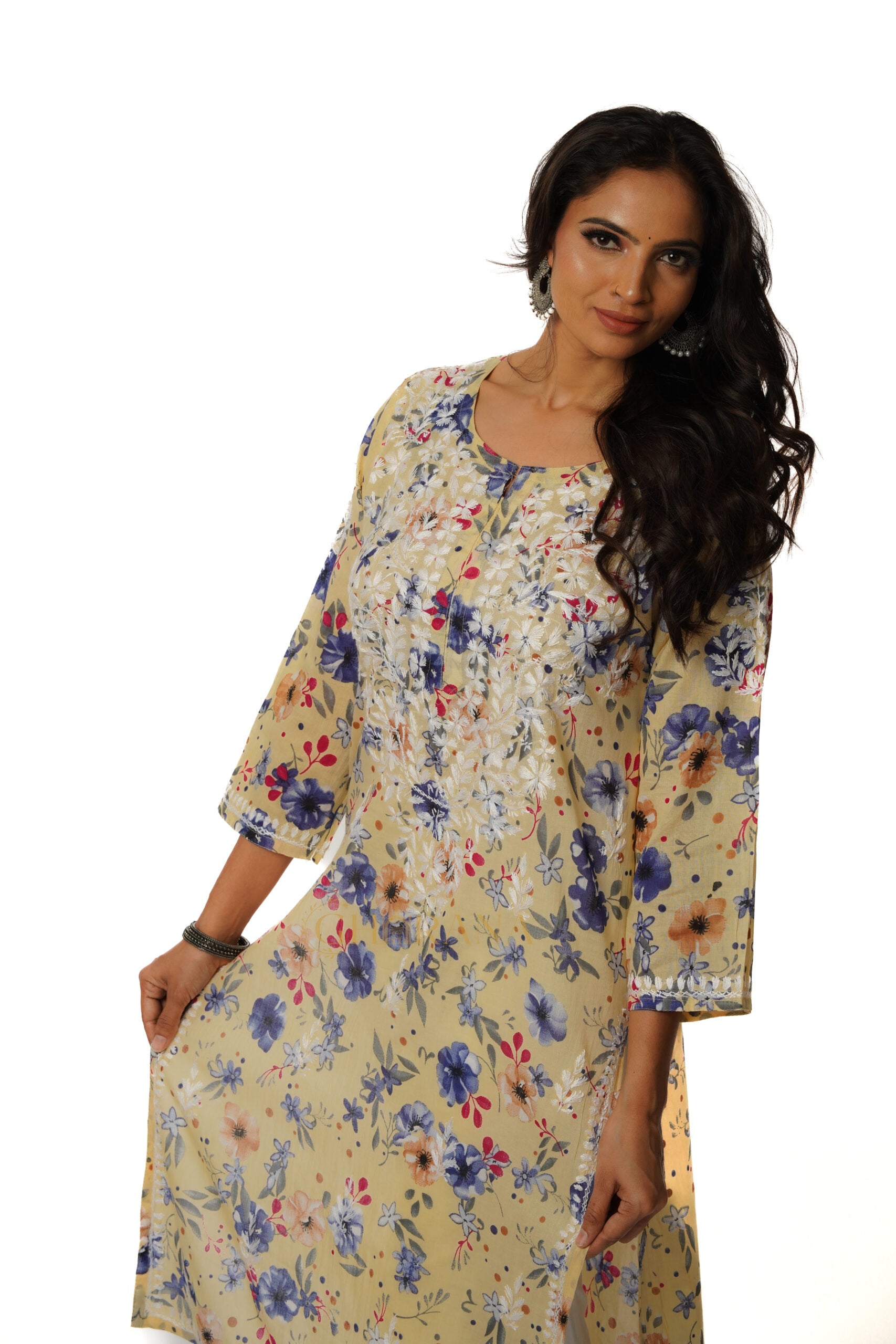 Eesha Chikankari Mulmul Printed Kurta - Off-white, Blue & Maroon Gharana