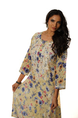 Eesha Chikankari Mulmul Printed Kurta - Off-white, Blue & Maroon Gharana
