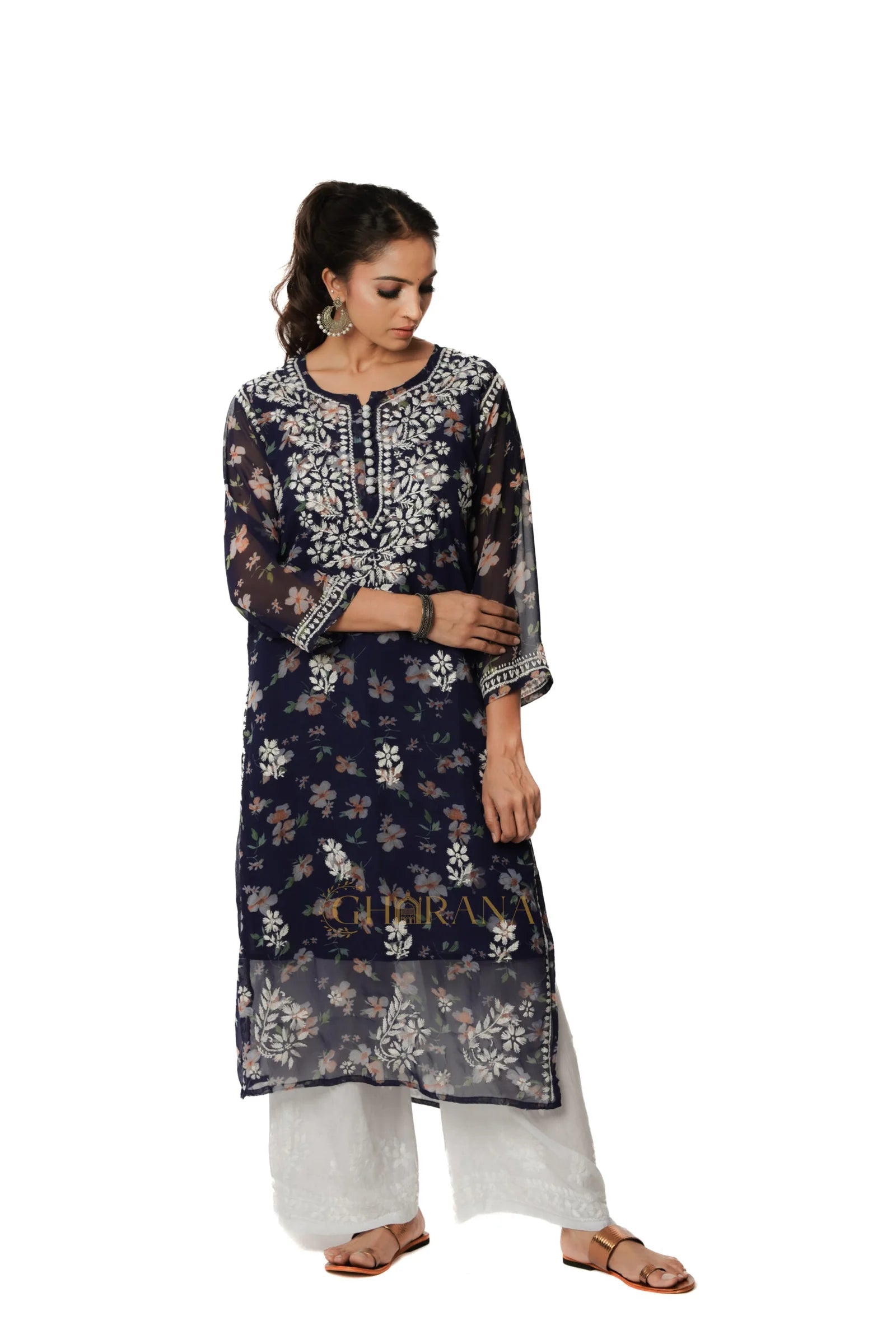 Aadya Chikankari Georgette Floral Printed Kurta Gharana