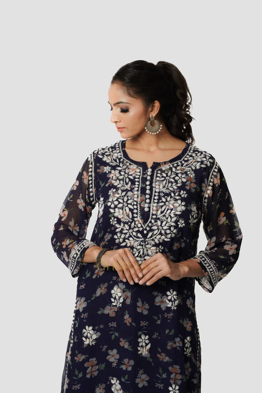 Aadya Chikankari Georgette Floral Printed Kurta Gharana