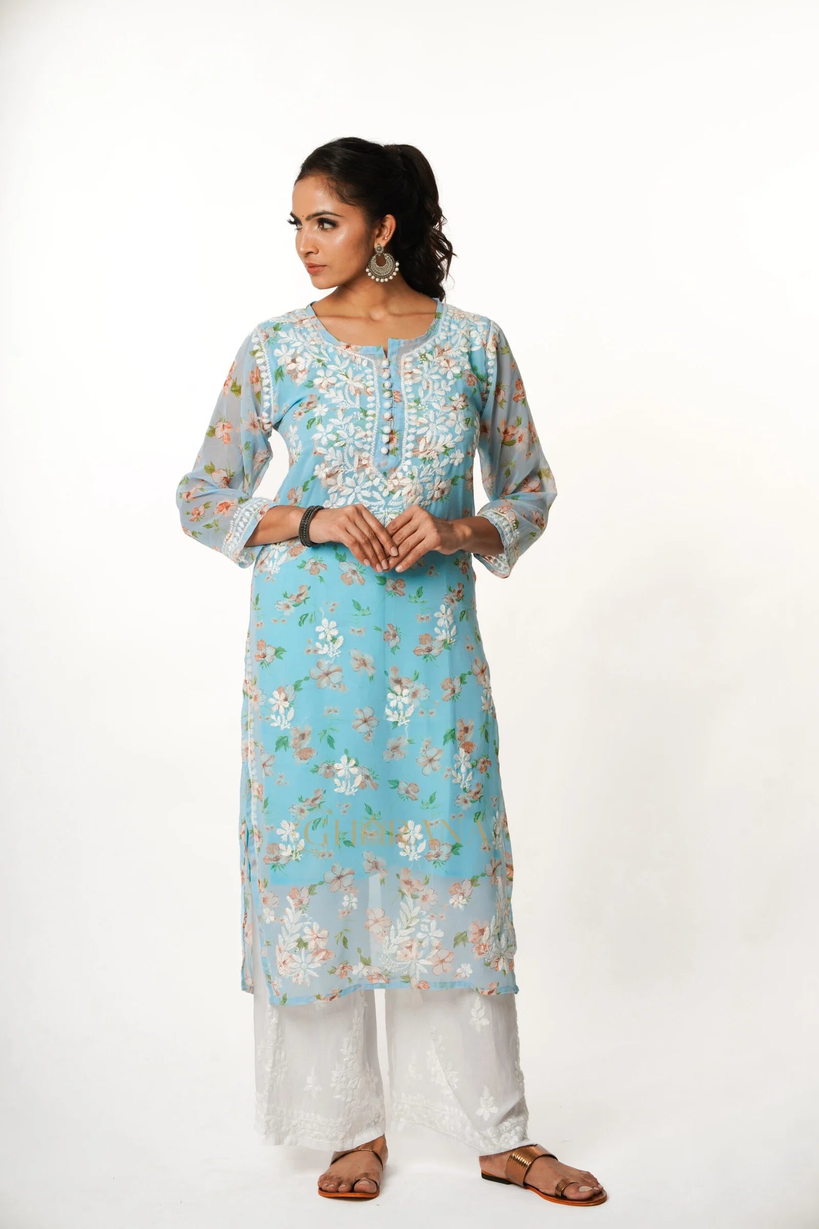 Aadya Chikankari Georgette Floral Printed Kurta – Light Blue Gharana