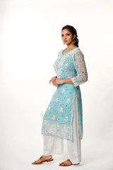 Aadya Chikankari Georgette Floral Printed Kurta – Light Blue Gharana