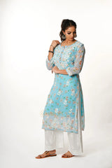 Aadya Chikankari Georgette Floral Printed Kurta – Light Blue Gharana