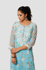 Aadya Chikankari Georgette Floral Printed Kurta – Light Blue Gharana