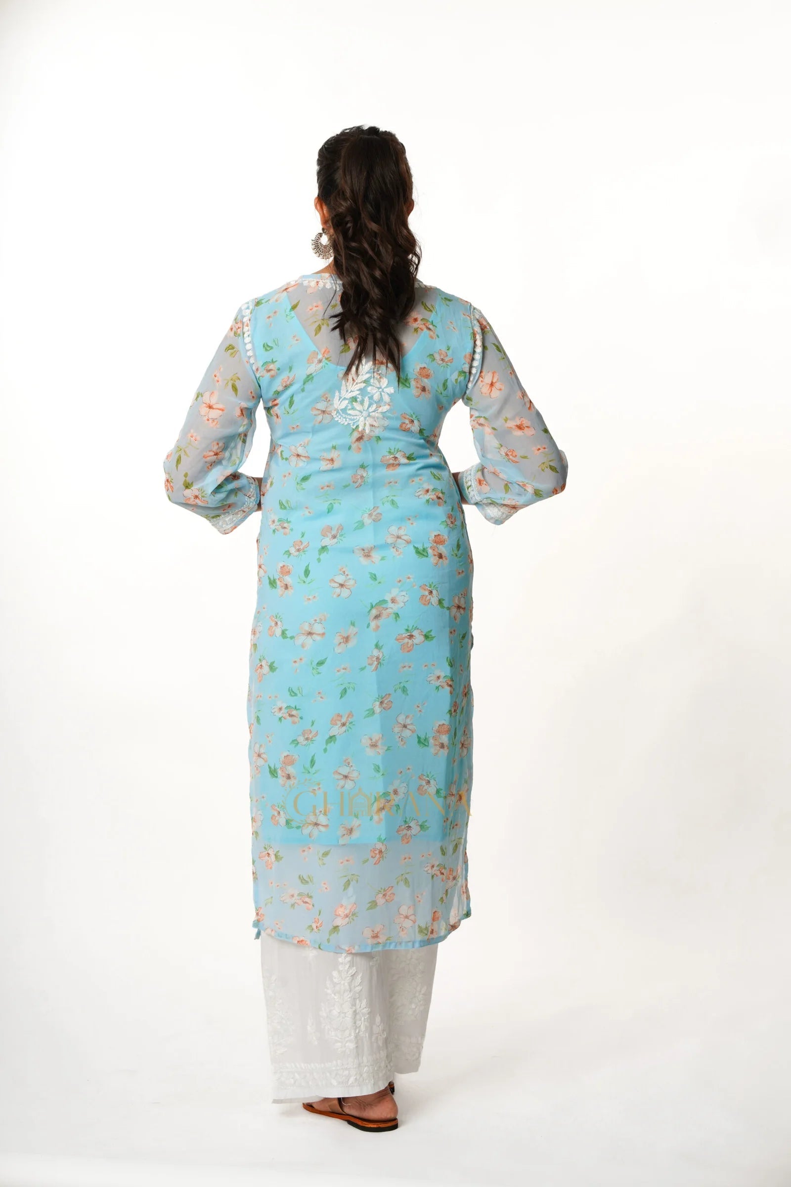 Aadya Chikankari Georgette Floral Printed Kurta – Light Blue Gharana