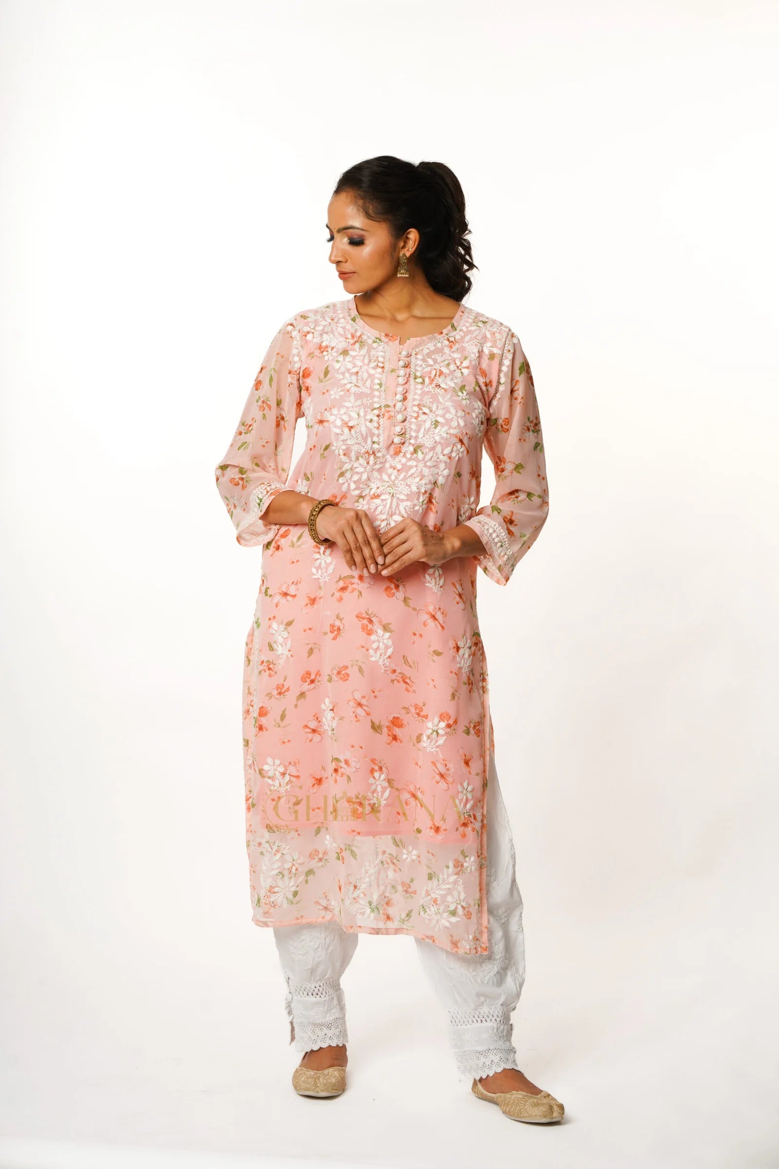 Aadya Chikankari Georgette Floral Printed Kurta – Light Pink Gharana