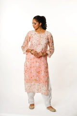 Aadya Chikankari Georgette Floral Printed Kurta – Light Pink Gharana