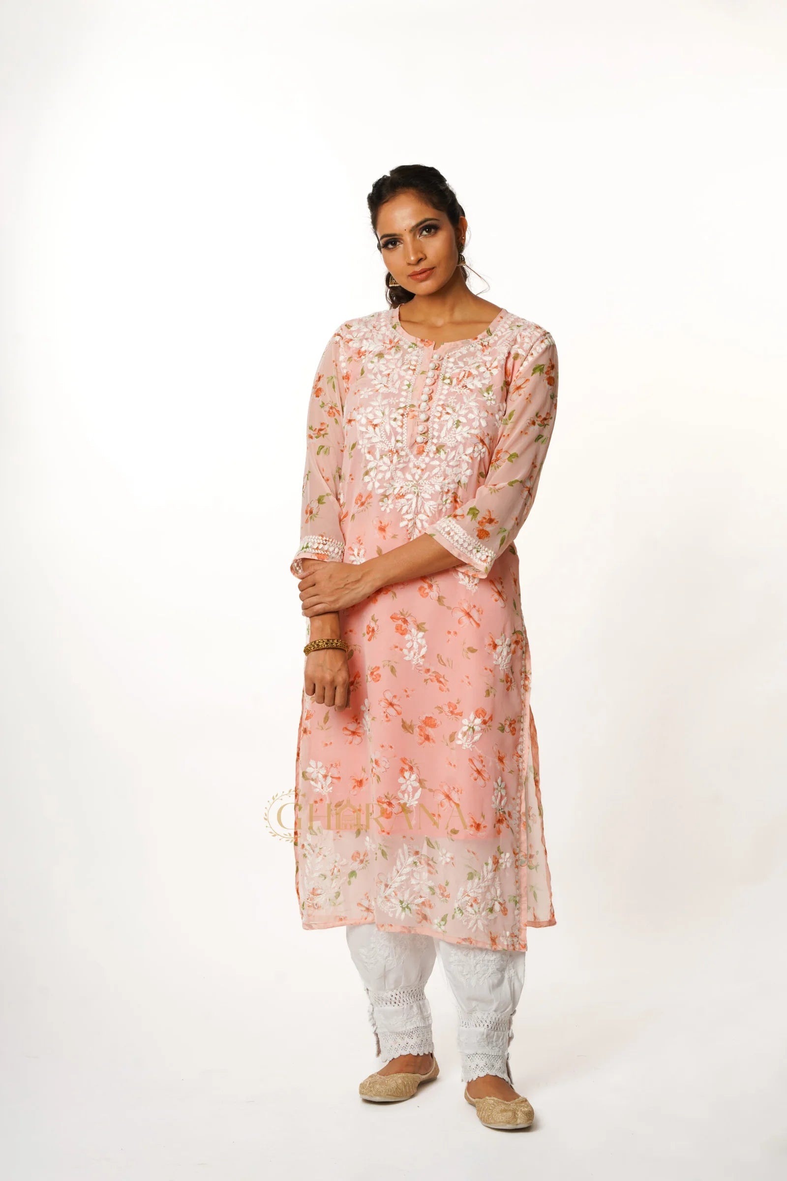 Aadya Chikankari Georgette Floral Printed Kurta – Light Pink Gharana