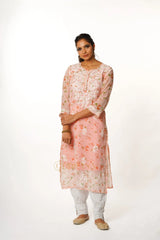Aadya Chikankari Georgette Floral Printed Kurta – Light Pink Gharana
