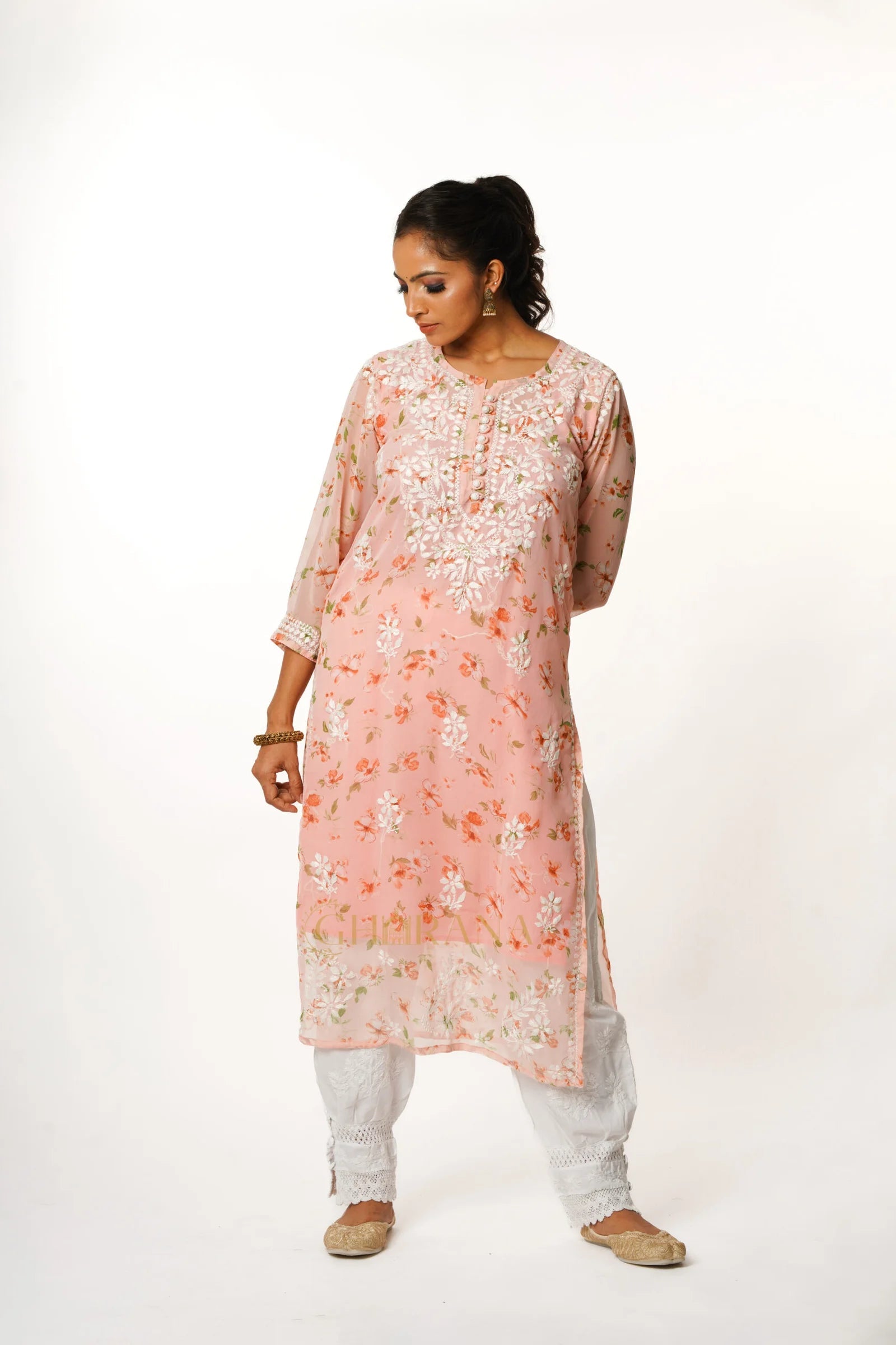 Aadya Chikankari Georgette Floral Printed Kurta – Light Pink Gharana