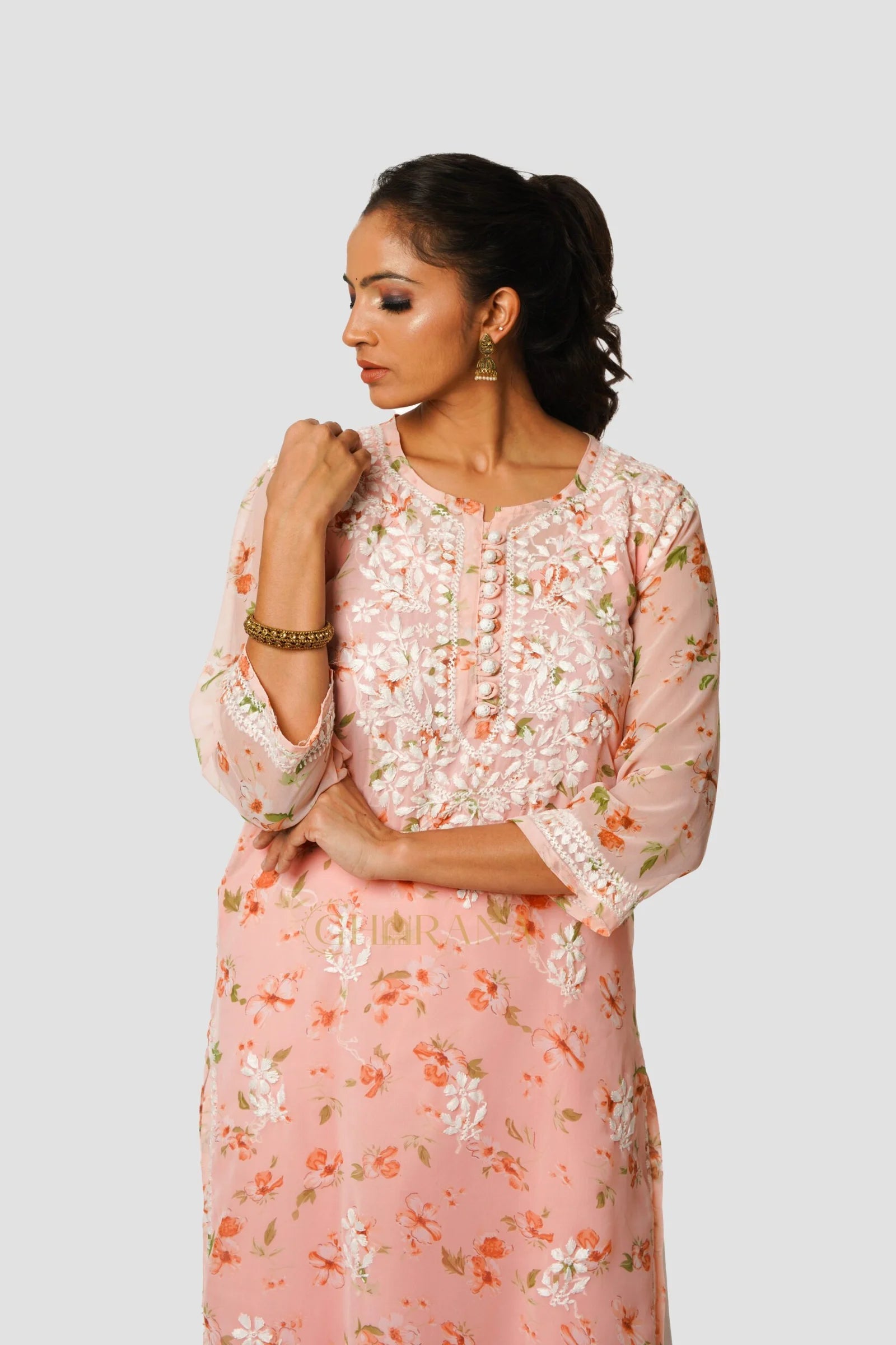 Aadya Chikankari Georgette Floral Printed Kurta – Light Pink Gharana