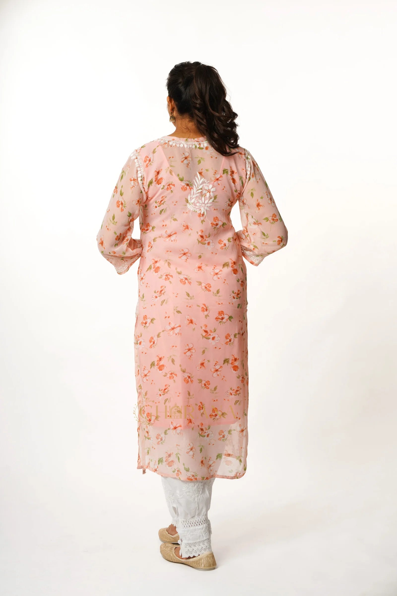 Aadya Chikankari Georgette Floral Printed Kurta – Light Pink Gharana