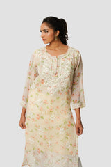 Aadya Chikankari Georgette Floral Printed Kurta – Off White Gharana