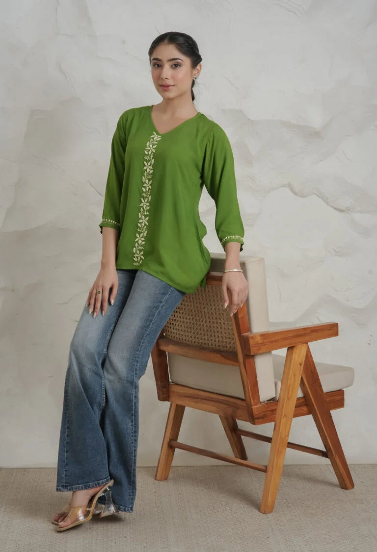 Sahiba Luxury Rayon Green Chikankari Top Gharana