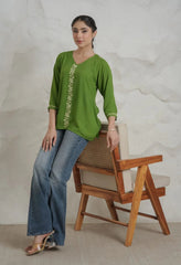 Sahiba Luxury Rayon Green Chikankari Top Gharana