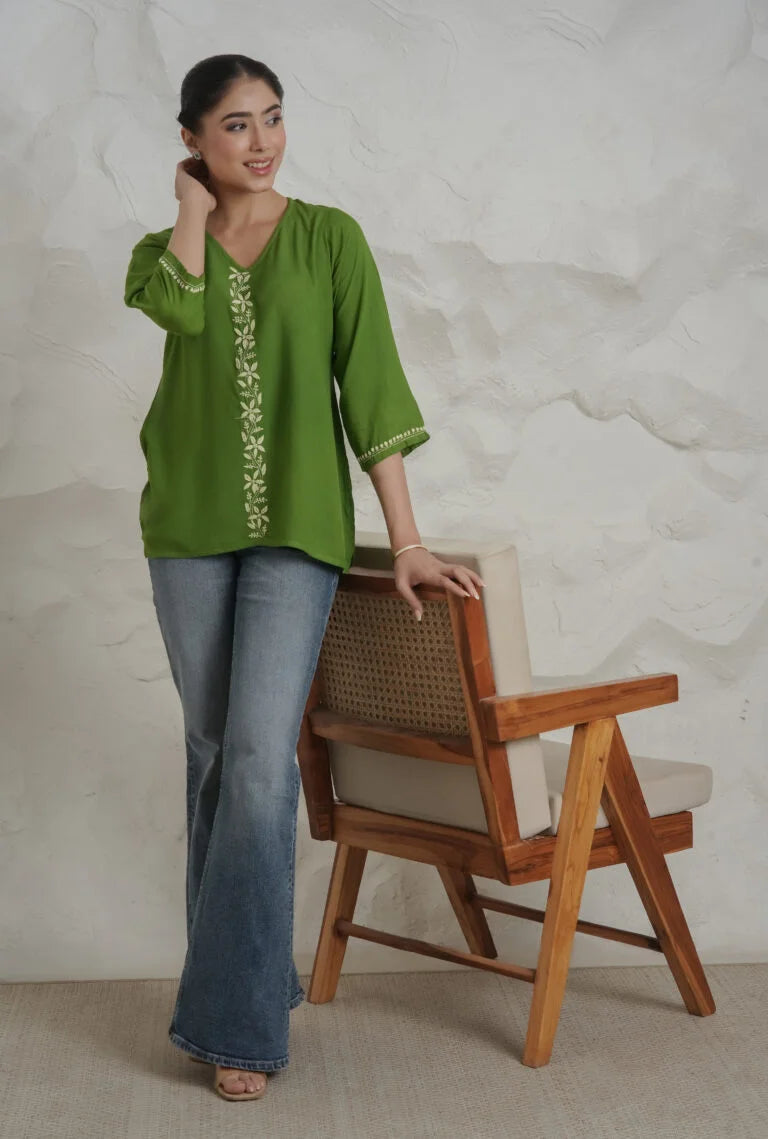 Sahiba Luxury Rayon Green Chikankari Top Gharana