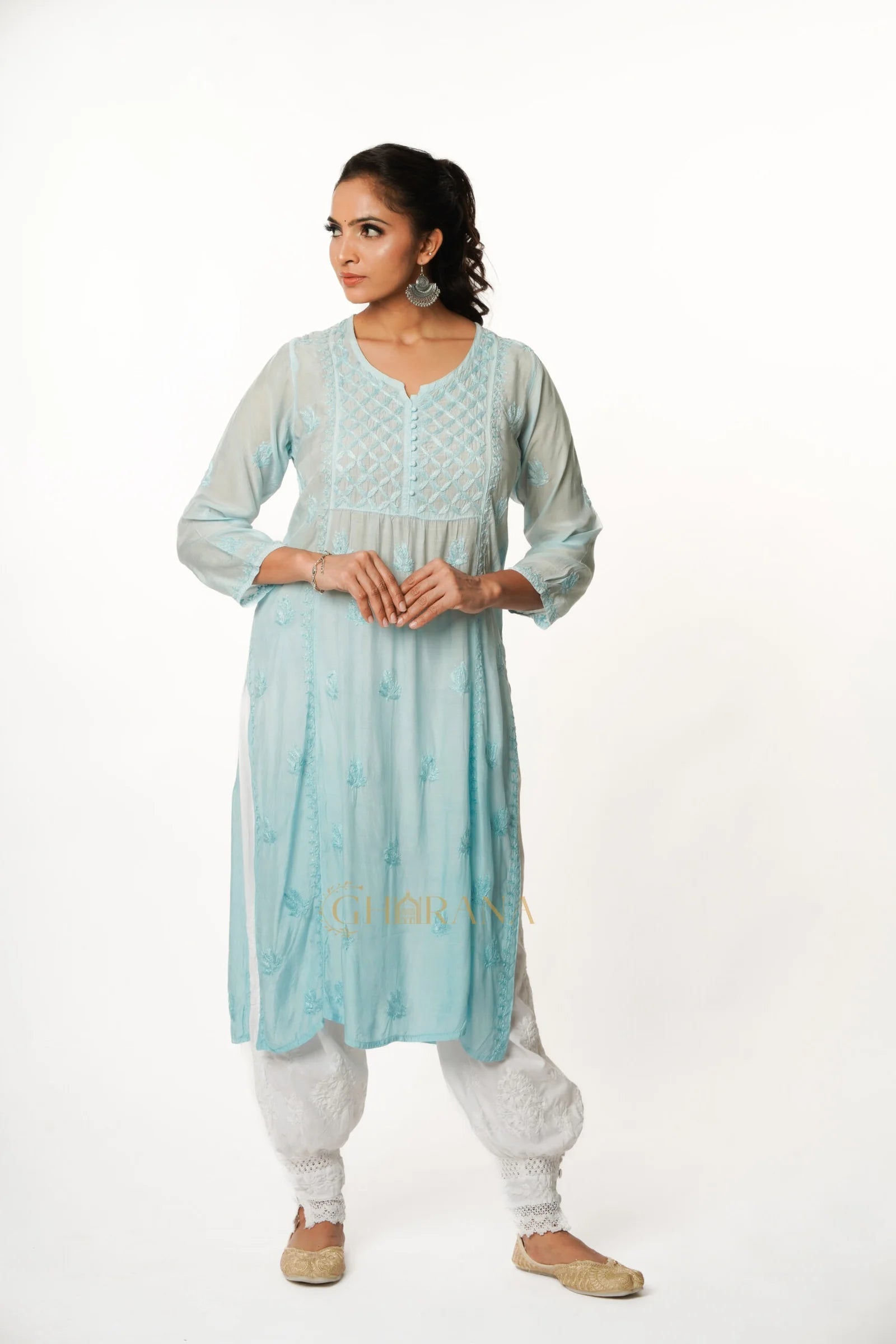 Isha Chikankari Muslin Naira cut Kurta Gharana