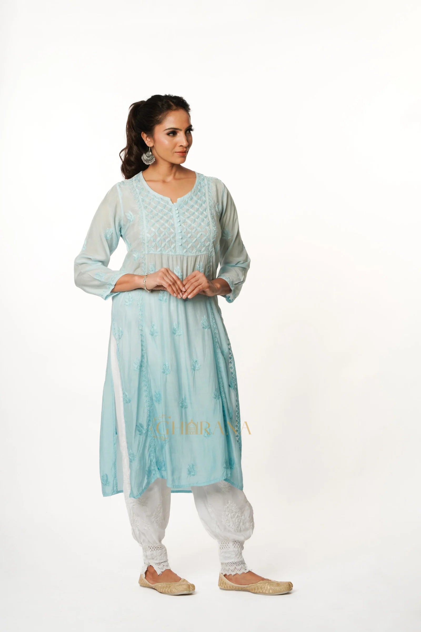 Isha Chikankari Muslin Naira cut Kurta Gharana