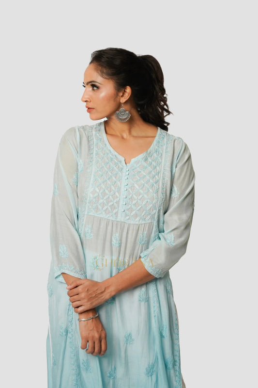 Isha Chikankari Muslin Naira cut Kurta Gharana