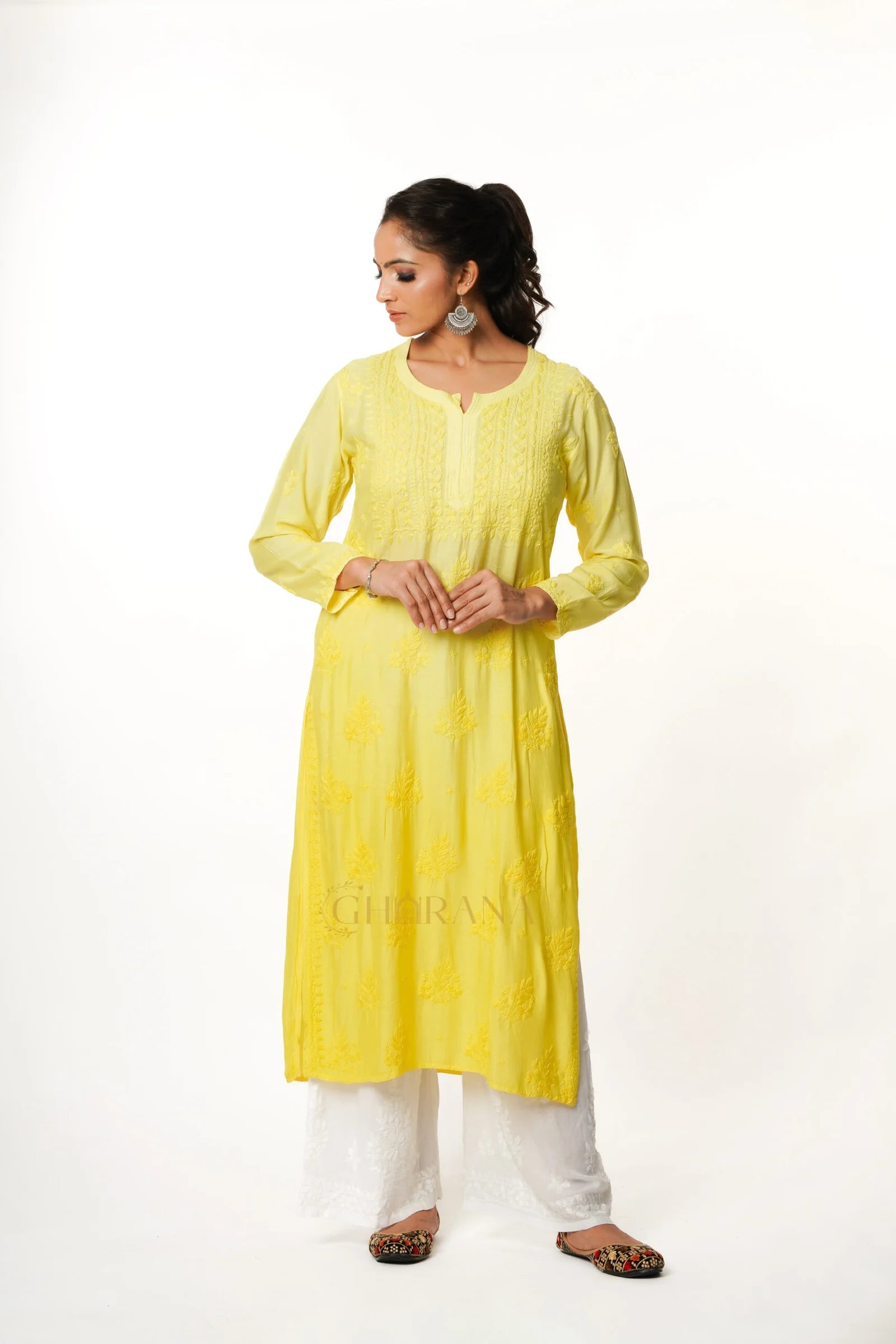Usha Chikankari Muslin Kurta - Lemon Yellow Gharana